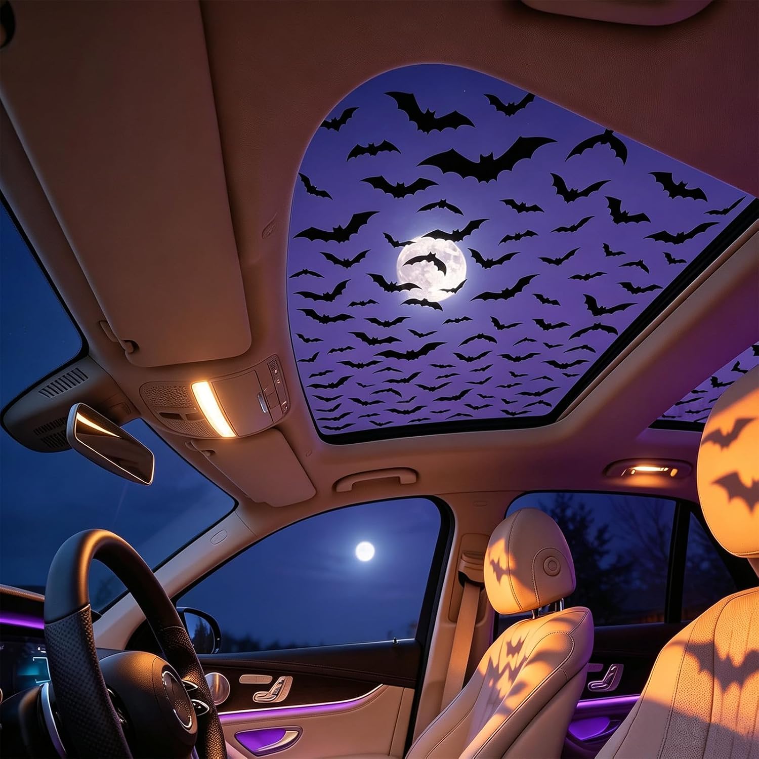 Spider Web Halloween Decoration - 車のサンルーフ用ステッカー。ハロウィーン、ゴシック、蜘蛛の巣、コウモリのデザイン。取り外し可能、防水、自己粘着性ビニール製。SUVやセダンの秋の装飾に。