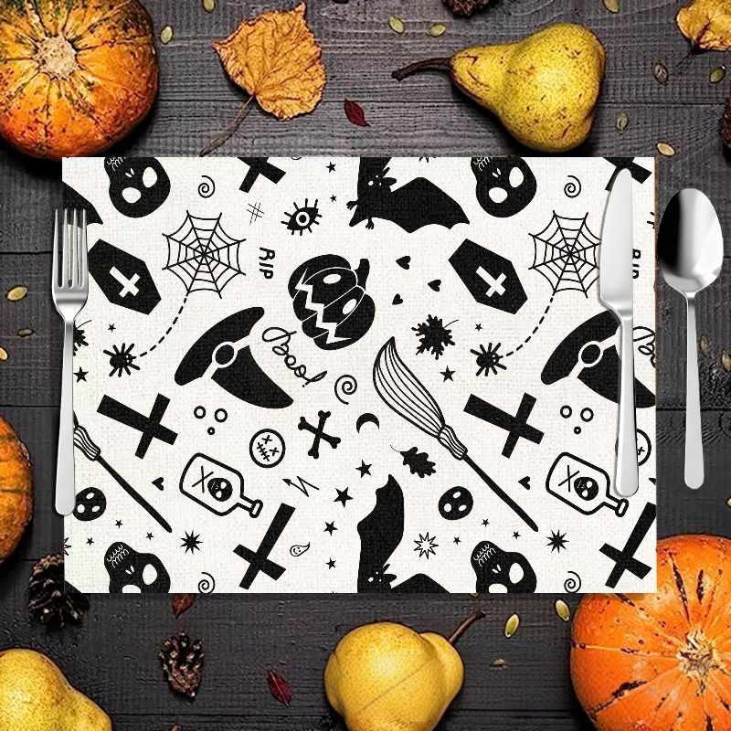 Spider Web Halloween Decoration - VIKAMA 2/4/6 個ハロウィンミールマットスケルトンカボチャコウモリ蜘蛛の巣プリントリネンテーブルマットホリデーパーティー装飾