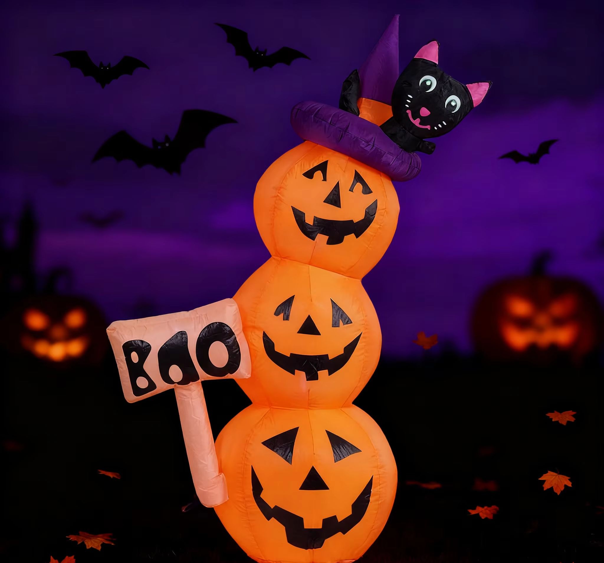 Halloween Pumpkin Decor Led - 5.2フィート/1.6メートル ハロウィン用インフレータブル積み重ねカボチャ、魔女の帽子、黒猫、BOOサイン付き、LEDライトアップヤードデコレーション
