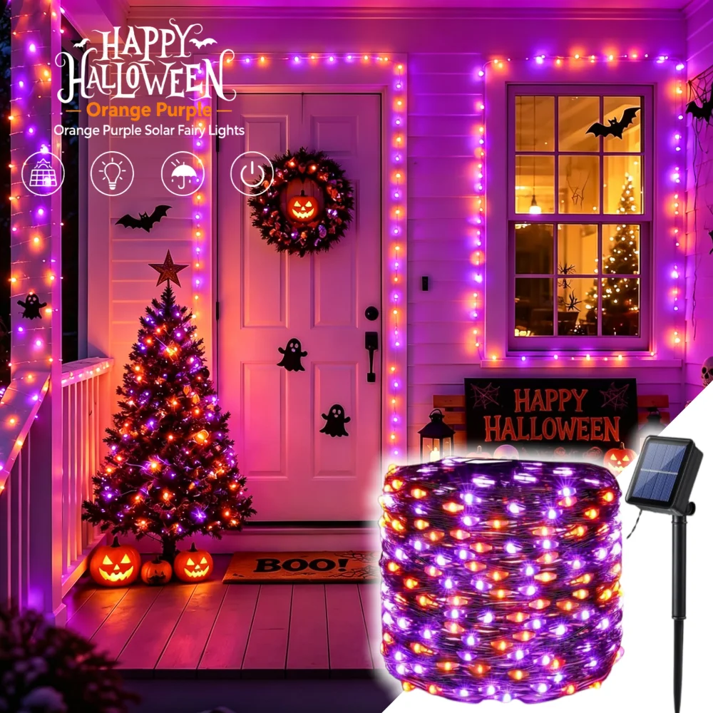 Halloween Led String Lights Orange - ハロウィーン用ソーラー銅線ストリングライト、屋外用防水、オレンジと紫のLEDフェアリーライト、庭、玄関、中庭、パーティーの装飾に。