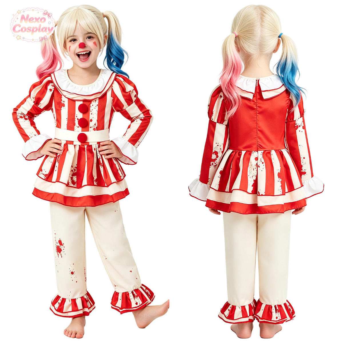 Halloween Costume Kids - 子供赤白ストライプホラークラウンスーツハロウィンコスプレ衣装ハロウィンプレイロール服衣類