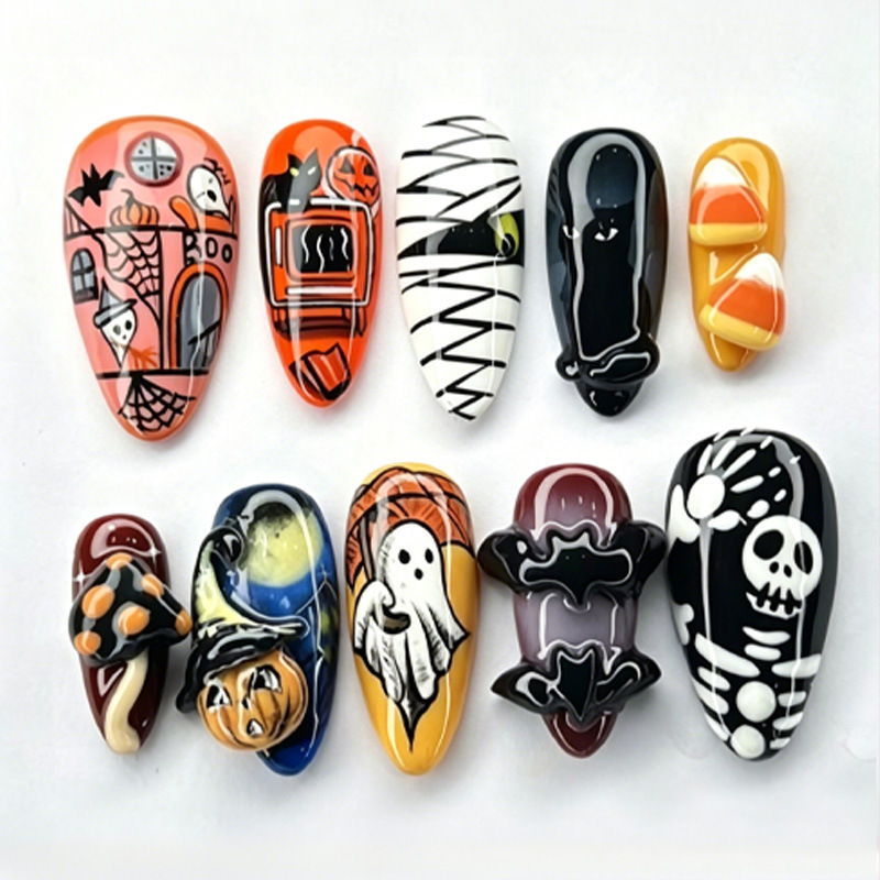Halloween Skeleton Decoration - 30個入り ハロウィンスタイルのつけ爪 手描きのスカル、バット、ゴースト、パンプキンの装飾 3Dレリーフ アーモンド型 パーティー用フェイクネイル