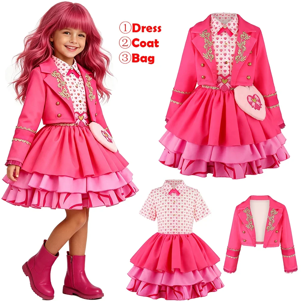Halloween Costume Kids - 2026年、ディセンダンツの女の子向け、ピンクのプリンセス風コスチューム、ハロウィーン、レトロな長袖ブレザー、甘い雰囲気のティアードドレス、誕生日パーティー、華やかな衣装。