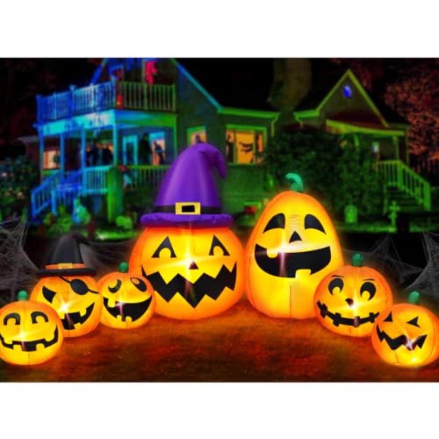 Halloween Pumpkin Decor Led - 屋外用ハロウィーン装飾品、空気で膨らませるタイプのカボチャ、高さ12フィート、オレンジ色のPVC素材、夜間でも視認しやすいように内蔵LEDライト付き。