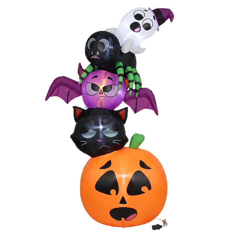 Halloween Pumpkin Decor Led - 18mのハロウィーン用インフレータブル装飾品。重ねて飾れるカボチャ、黒猫、コウモリ、蜘蛛、幽霊のモチーフ。LEDライト付き。ポリエステル素材。庭でのパーティーに最適。
