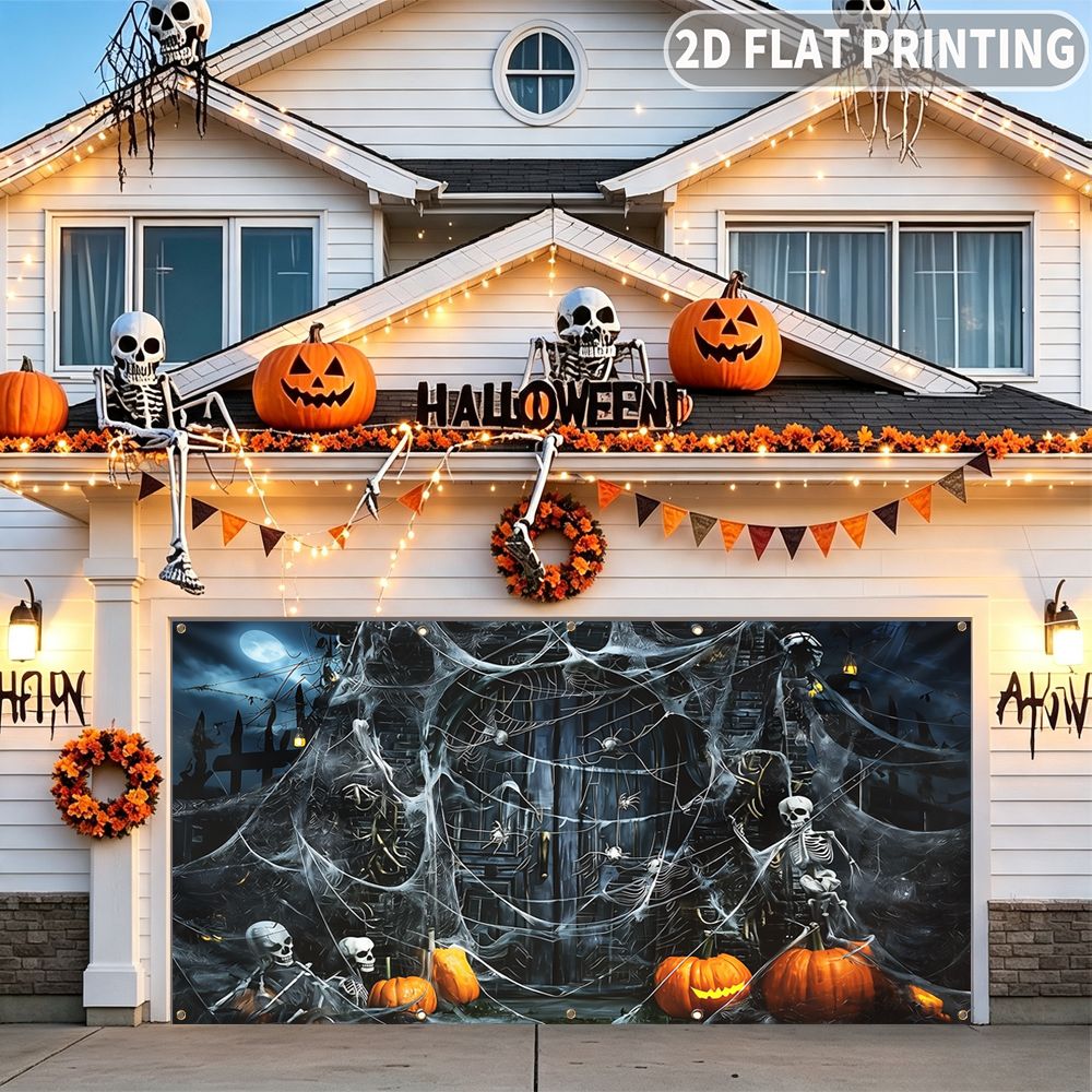Spider Web Halloween Decoration - 2Dフラット ハロウィンパーティーガレージバナー 1枚、ハロウィンのスケルトン、カボチャ、蜘蛛の巣柄、電源不要、ホームデコレーション用