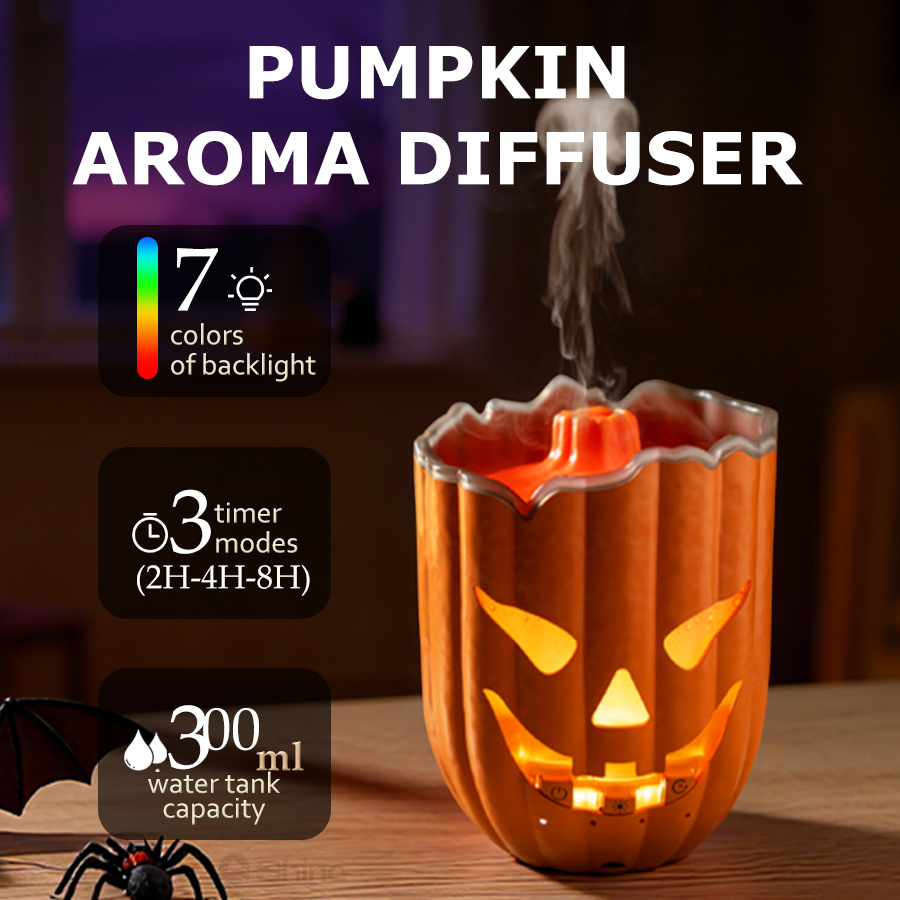 Halloween Pumpkin Decor Led - パンプキンエア加湿器、7色LED、2-8時間タイマー、静かなクールミスト、アロマエッセンシャルオイルディフューザー、ハロウィンスタイルの家の装飾