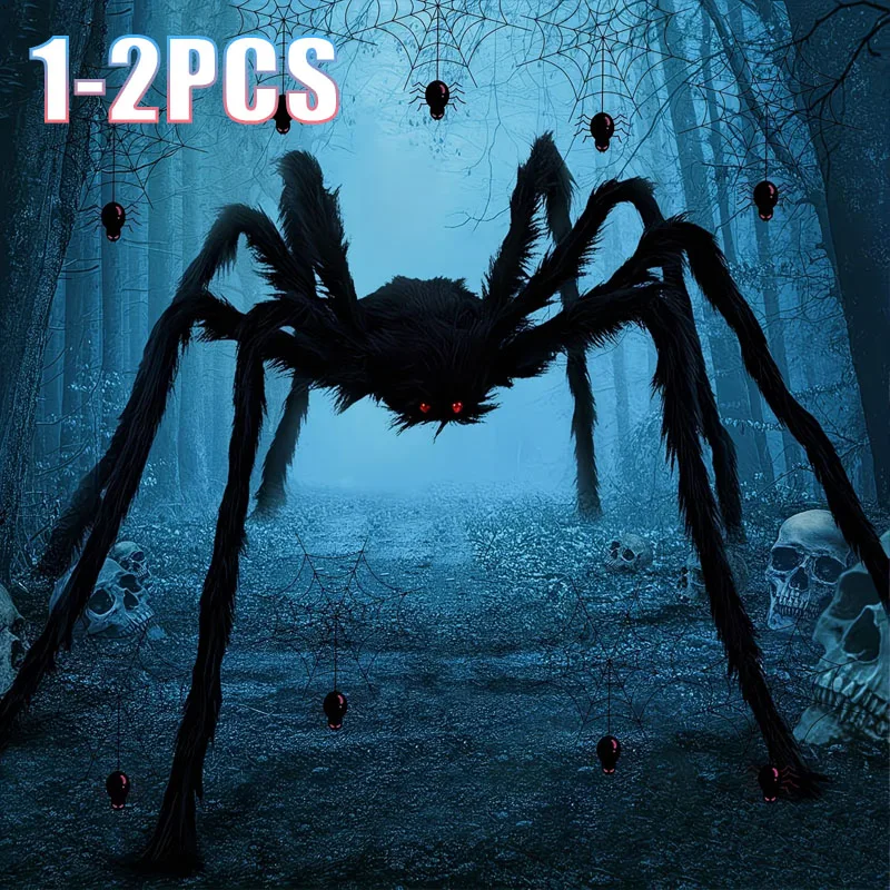 Spider Web Halloween Decoration - ハロウィーンの飾り用、リアルな蜘蛛のぬいぐるみ2個入り。三角形の蜘蛛の巣ネット。パーティー、いたずら、お化け屋敷、屋内・屋外の装飾に。