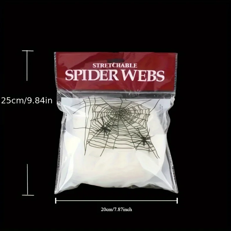 伸縮性のある蜘蛛の巣飾り。各飾りに蜘蛛が2匹ずつ付いています - Spider Web Halloween Decoration のレビューと価格