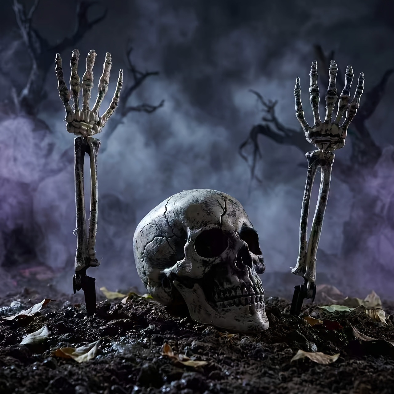 ハロウィーン用ガーデンデコレーション3点セット：骸骨の頭と手 - Halloween Skeleton Decoration のレビューと価格
