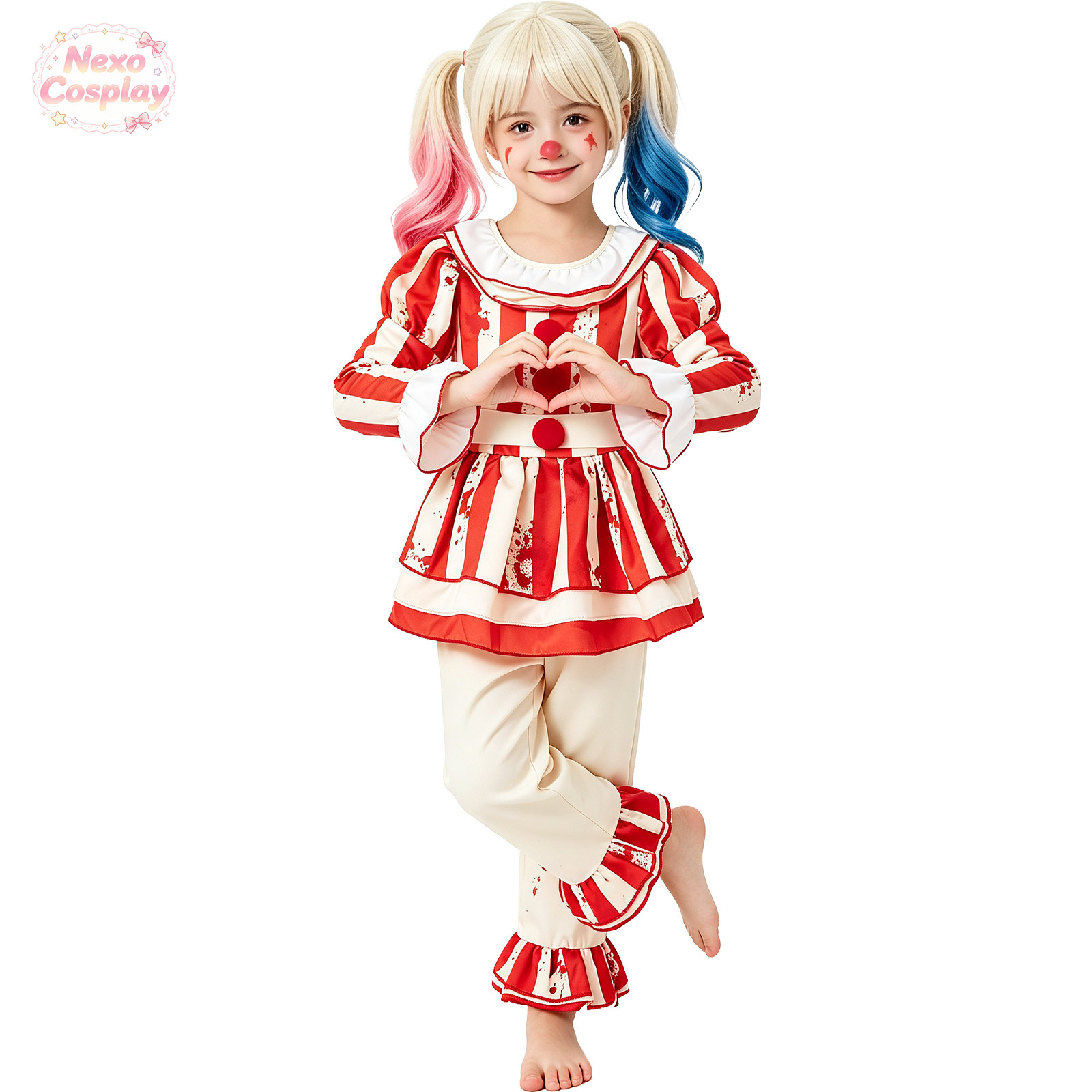 子供赤白ストライプホラークラウンスーツハロウィンコスプレ衣装 - Halloween Costume Kids のレビューと価格