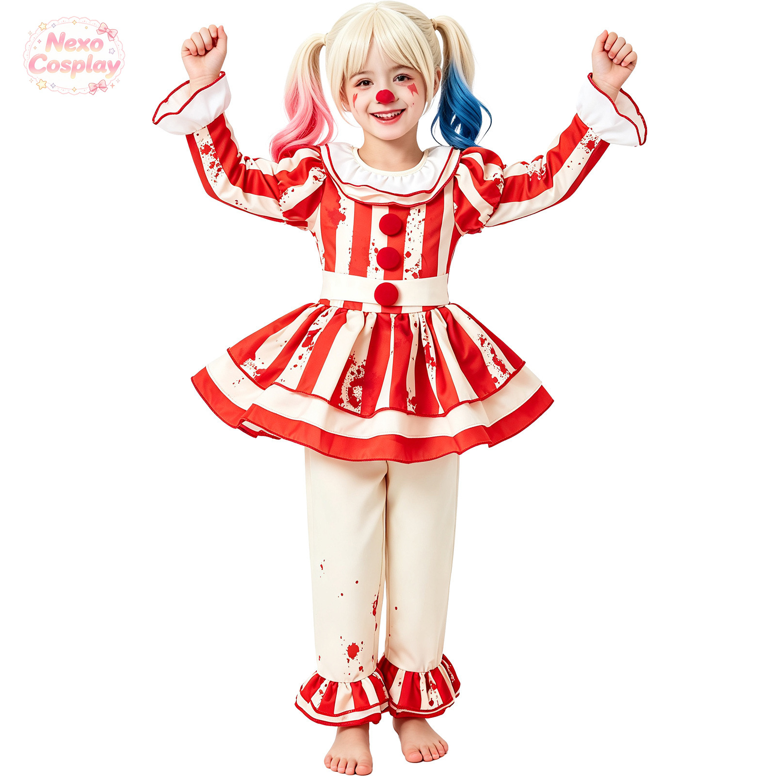 子供赤白ストライプホラークラウンスーツハロウィンコスプレ衣装 - Halloween Costume Kids のレビューと価格