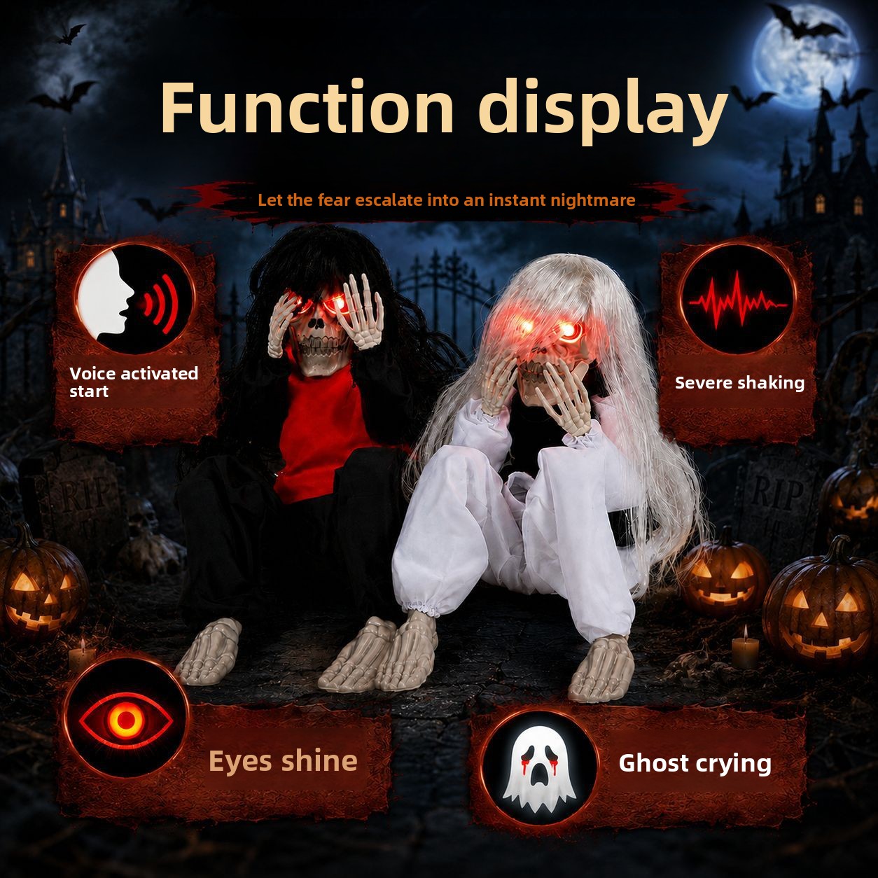 ハロウィーンの屋外ガーデン用、座った骸骨のオーナメント。赤い - Halloween Skeleton Decoration のレビューと価格