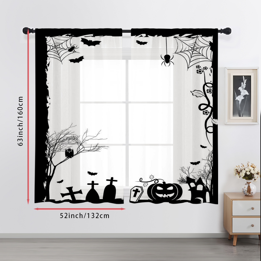 2枚組 デジタルプリント シアーカーテン、蜘蛛の巣墓石墓地ハ - Spider Web Halloween Decoration のレビューと価格