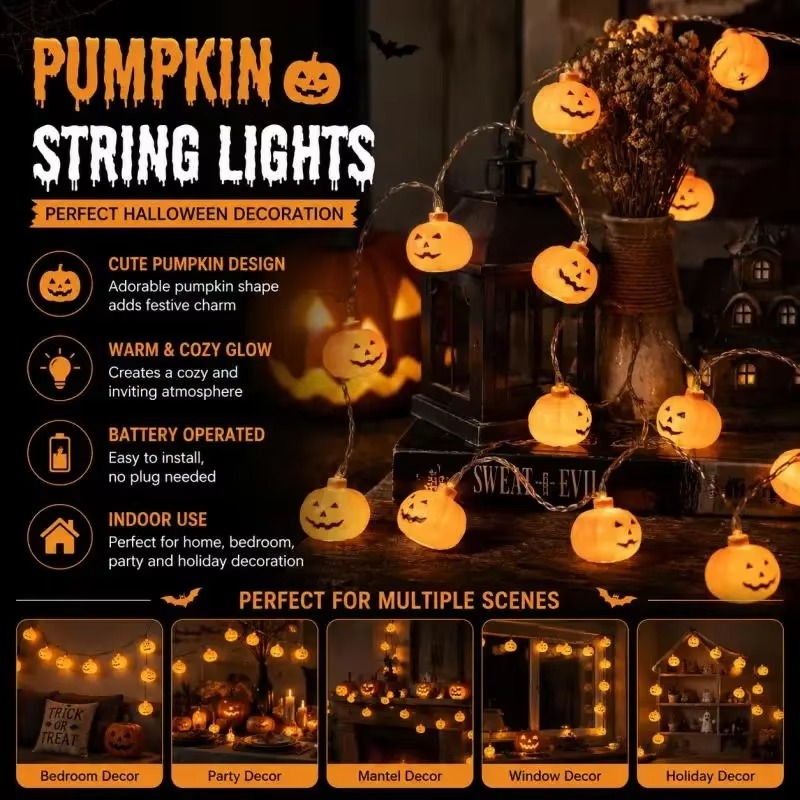 ハロウィーンのパンプキン型LEDライトストリング。電池式で、 - Halloween Pumpkin Decor Led のレビューと価格