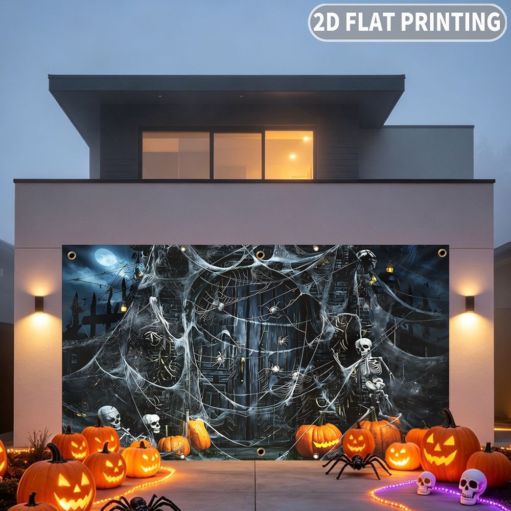 2Dフラット ハロウィンパーティーガレージバナー 1枚、ハロ - Spider Web Halloween Decoration のレビューと価格