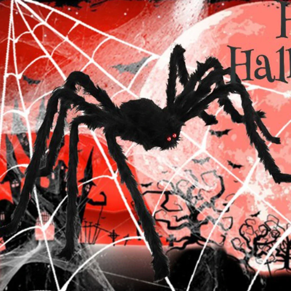ハロウィーンの飾り用、リアルな蜘蛛のぬいぐるみ2個入り。三角 - Spider Web Halloween Decoration のレビューと価格